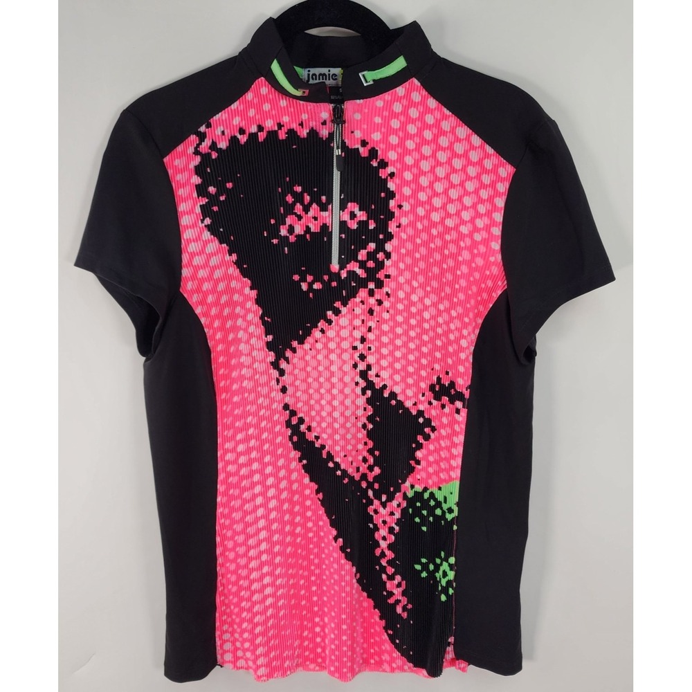 Jamie Sadock Golf Top Women's S Pink Black Ribbed Front 1/4 Zip Mock Neck Tennis